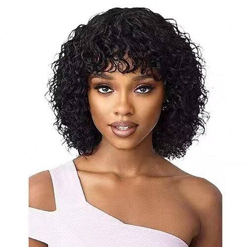 

Human Hair Wig Medium Length Tight Curl Bob Natural Natural Sexy Lady curling Capless Brazilian Hair Women's Natural Black #1B 10 inch 12 inch 14 inch