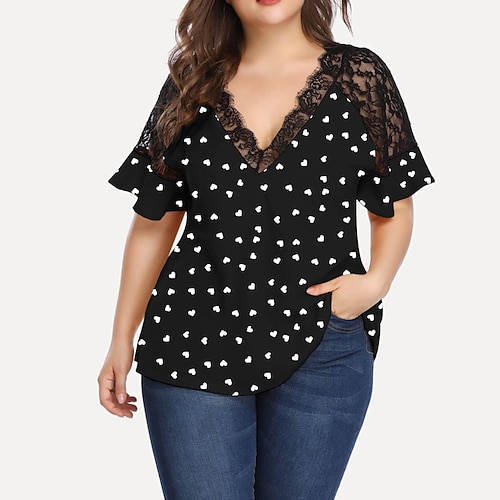 

Women's Plus Size Tops T shirt Tee Heart Ruched Patchwork Short Sleeve V Neck Streetwear Daily Going out Polyester Spring Summer Black