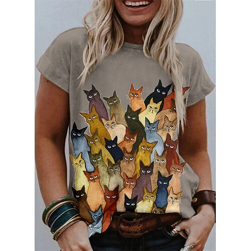 

Women's Plus Size Tops T shirt Cat Animal Print Short Sleeve Crewneck Streetwear Daily Going out Cotton Spandex Jersey Spring Summer Blue White
