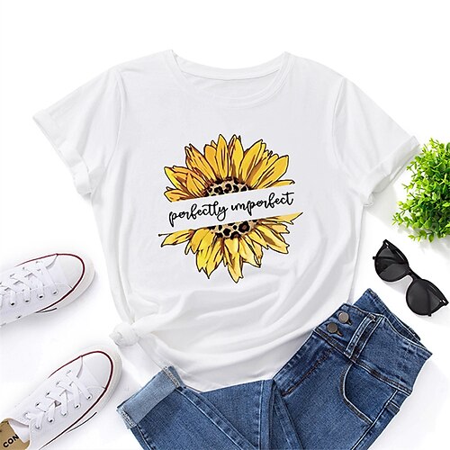 

Women's Plus Size Curve Tops Blouse T shirt Floral Print Short Sleeve Crewneck Basic Streetwear Daily Vacation Cotton Spring Summer Green White