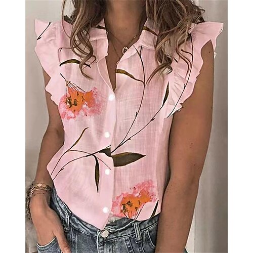 

Women's Floral Theme Shirt Floral Lettuce Trim Shirt Collar Casual Tops Pink / 3D Print