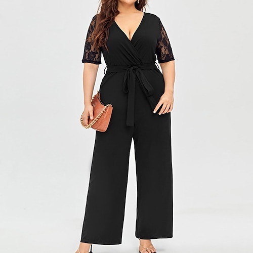 

Damen Jumpsuit mit Schnürung Spitze Feste Farbe V Ausschnitt Elegant Formell Party Arbeit Regular Fit Halbe Ärmel Schwarz XL XXL 3XL 4XL Frühling