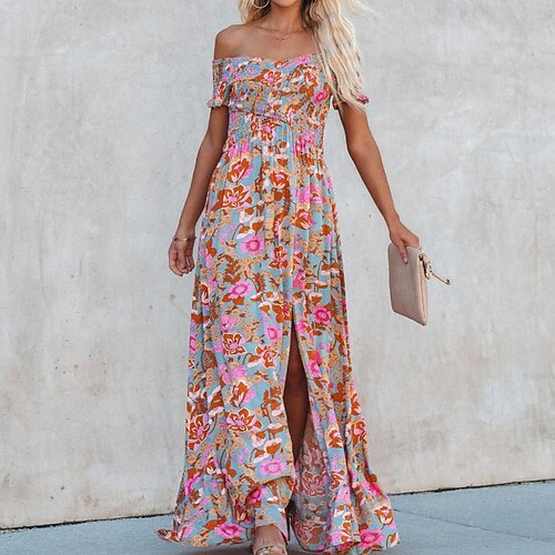 

Women's Swing Dress Midi Dress Green Short Sleeve Floral Split Print Spring Summer Off Shoulder Elegant 2022 S M L XL