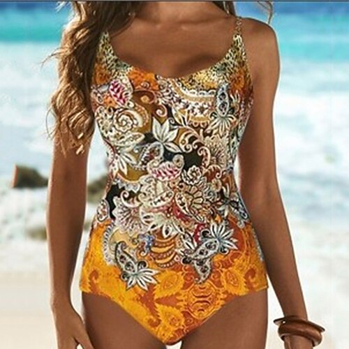 

Women's Swimwear One Piece Monokini Bathing Suits Swimsuit Tummy Control Open Back Flower Yellow Scoop Neck Bathing Suits New Vacation Fashion / Modern / Padded Bras