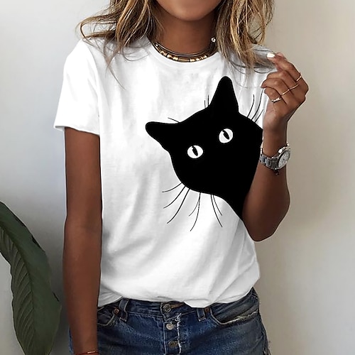 

Women's T shirt Tee Pink Yellow Gray Cat 3D Print Short Sleeve Casual Weekend Basic Round Neck Regular 3D Cat Painting S