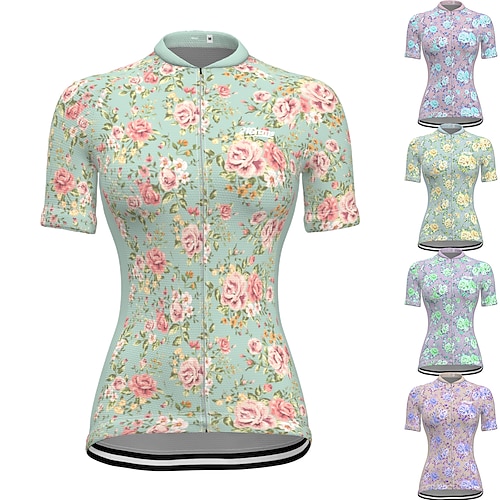 

21Grams Women's Cycling Jersey Short Sleeve Bike Top with 3 Rear Pockets Mountain Bike MTB Road Bike Cycling Breathable Quick Dry Moisture Wicking Reflective Strips Green Yellow Dark Green Floral