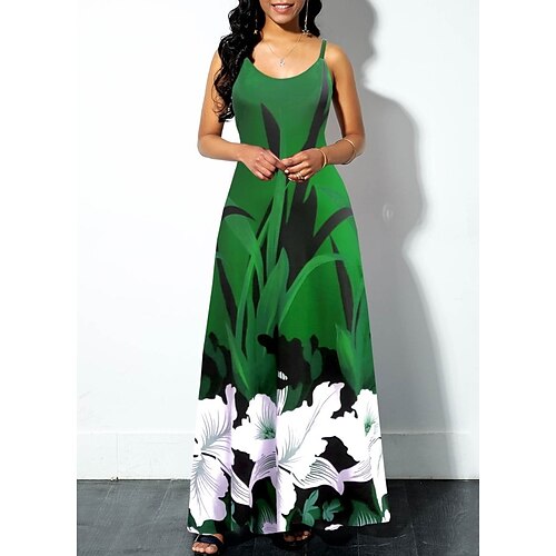 

Women's A Line Dress Maxi long Dress Green Sleeveless Floral Print Ruched Print Spring Summer U Neck Spaghetti Strap Elegant Casual 2022 S M L XL XXL 3XL