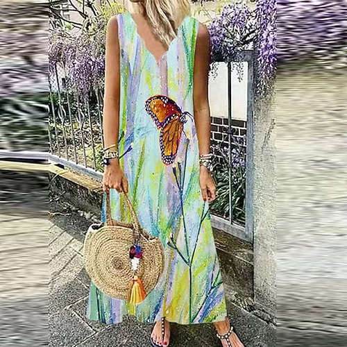 

Women's A Line Dress Midi Dress Green Sleeveless Color Gradient Butterfly Animal Print Spring Summer V Neck Casual 2022 S M L XL XXL 3XL 4XL 5XL