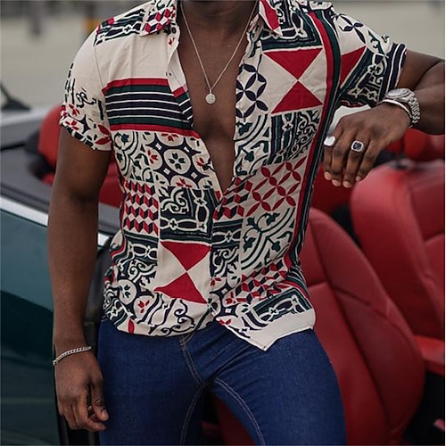 

Men's Shirt Print Tribal Turndown Street Casual Button-Down Short Sleeve Tops Casual Fashion Breathable Comfortable Red / White