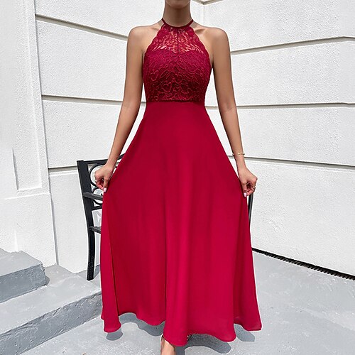 

Women's A Line Dress Maxi long Dress Green Black Wine Khaki Dark Blue Sleeveless Solid Color Lace Spring Summer Crew Neck Elegant 2022 XS S M L / Party Dress