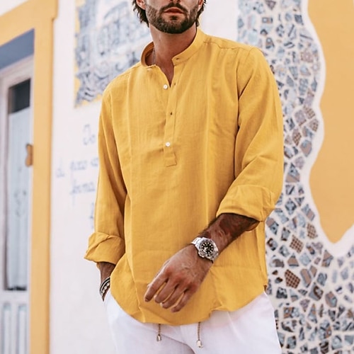 

Men's Shirt Solid Color Stand Collar Street Casual Button-Down Long Sleeve Tops Casual Fashion Breathable Comfortable Yellow
