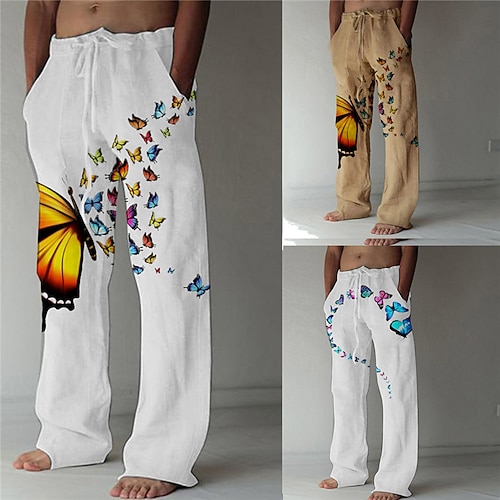 

Men's Trousers Beach Pants 3D Print Elastic Drawstring Design Front Pocket Butterfly Graphic Prints Comfort Soft Casual Daily For Vacation Fashion Designer White Blue