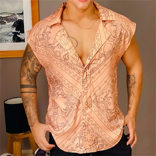 

Men's Shirt 3D Print Tribal Turndown Street Casual Button-Down Sleeveless Tops Casual Fashion Breathable Comfortable Khaki