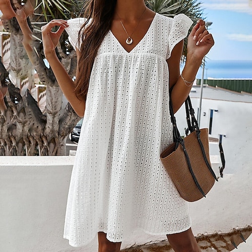 

Women's A Line Dress Short Mini Dress White Sleeveless Pure Color Hollow Out Lace Spring Summer V Neck Casual 2022 S M L XL XXL 3XL