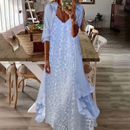 

Women's Two Piece Dress Midi Dress Blue Long Sleeve Floral Print Spring Summer V Neck Casual 2022 S M L XL XXL 3XL