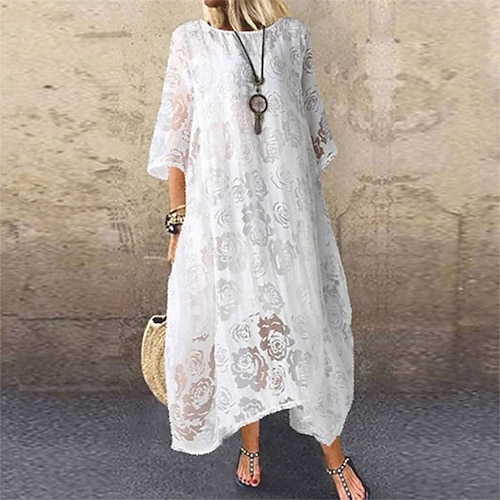 

Women's Lace Dress Shift Dress Swing Dress Midi Dress Black Red White Half Sleeve Floral Lace Fall Spring Autumn Crew Neck Loose Fit 2022 M L XL XXL 3XL 4XL 5XL