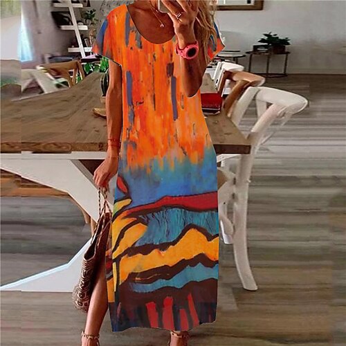 

Women's Casual Dress Shift Dress Long Dress Maxi Dress Orange Short Sleeve Color Block Split Spring Summer V Neck Loose Fit 2022 S M L XL XXL 3XL