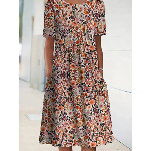 

Women's A Line Dress Knee Length Dress Red Half Sleeve Floral Ruched Print Spring Summer Crew Neck Elegant Casual 2022 S M L XL XXL