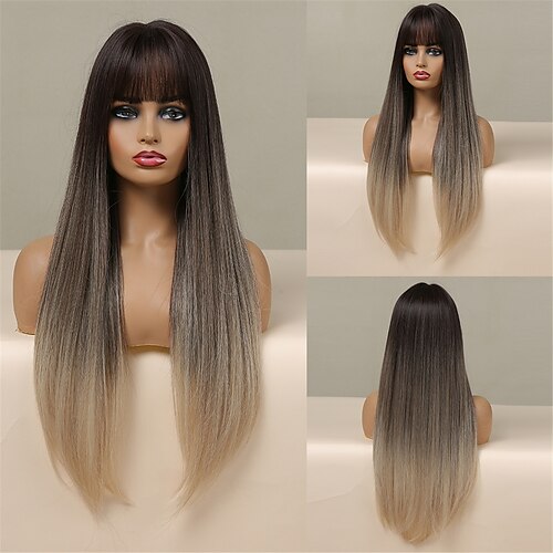 

Dark Brown Straight Synthetic Wigs with Bang Natural Layered Hairs for Women Daily Cosplay Party Heat Resistant Fibers