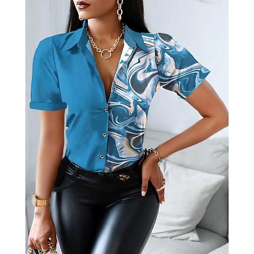 

Women's Blouse Shirt Polka Dot Graphic Abstract Button Print Shirt Collar Casual Streetwear Tops Blue White Black / 3D Print