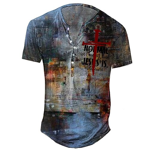 

Men's Henley Shirt Tee T shirt 3D Print Graphic Cross Letter Plus Size Henley Daily Sports Button-Down Print Short Sleeve Tops Basic Casual Vintage Designer Gray