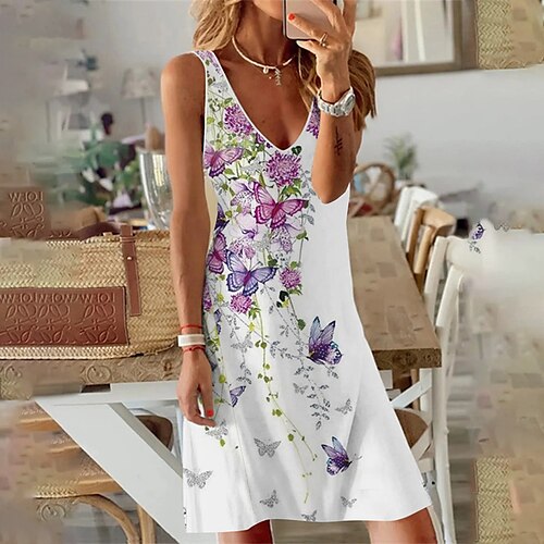 

Women's A Line Dress Knee Length Dress White Sleeveless Floral Butterfly Print Spring Summer V Neck Stylish Casual 2022 S M L XL XXL 3XL