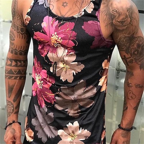 

Men's Tank Top Vest 3D Print Floral Graphic Prints Crew Neck Daily Sports Print Sleeveless Tops Classic Designer Hawaiian Big and Tall Purple