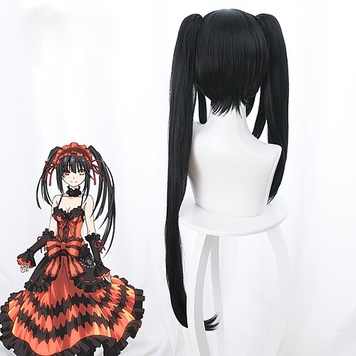

Date A Live Kurumi Tokisaki Cosplay Wigs Women's With 2 Ponytails 35 inch Heat Resistant Fiber kinky Straight Black Teen Adults' Anime Wig
