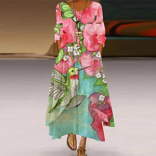 

Women's A Line Dress Maxi long Dress Green Blue White Gray Beige Long Sleeve Floral Animal Pocket Button Print Spring Summer Round Neck Elegant Casual Vacation 2022 S M L XL XXL 3XL 4XL 5XL