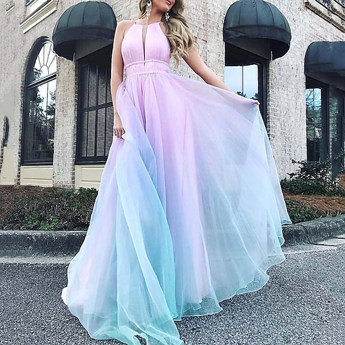 

Women's Swing Dress Maxi long Dress Blue Sleeveless Color Gradient Backless Mesh Spring Summer Halter Neck Elegant Romantic Vacation Mesh S M L XL / Party Dress