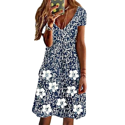 

Women's A Line Dress Knee Length Dress Blue Gray Short Sleeve Floral Print Spring Summer V Neck Work Elegant 2022 S M L XL XXL 3XL