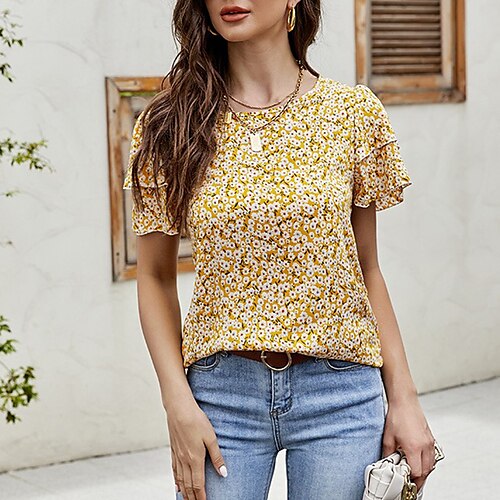 

Women's Blouse Floral Patchwork Lettuce Trim Print Round Neck Elegant Casual Tops Yellow