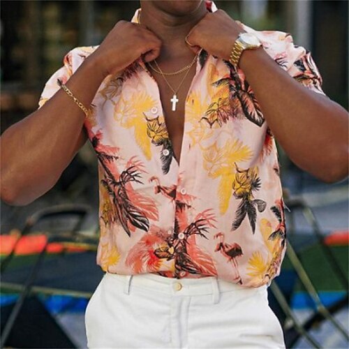 

Men's Shirt 3D Print Floral Turndown Street Casual 3D Button-Down Short Sleeve Tops Casual Fashion Breathable Comfortable Yellow