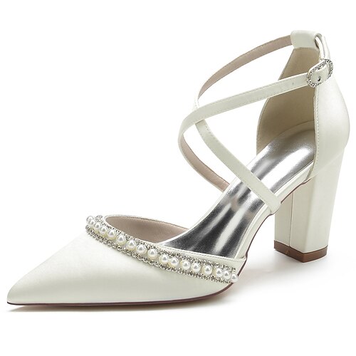 

Women's Wedding Shoes Wedding Party Dress Shoes Bridal Shoes Summer Imitation Pearl Sparkling Glitter Chunky Heel Pointed Toe Luxurious Elegant Satin Ankle Strap Solid Colored Wine Black Fuchsia