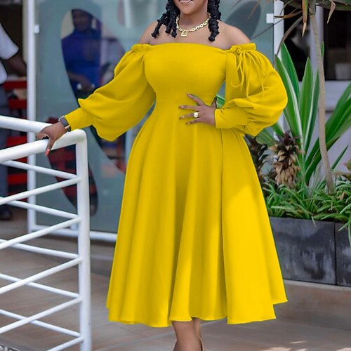 

Women's Plus Size Party Dress Solid Color Off Shoulder Long Sleeve Fall Spring Prom Dress Maxi long Dress Party Date Dress
