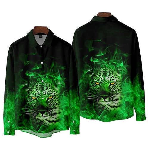 

Men's Shirt 3D Print Leopard Animal Collar Street Casual Long Sleeve Tops Fashion Vintage Classic Green / Black