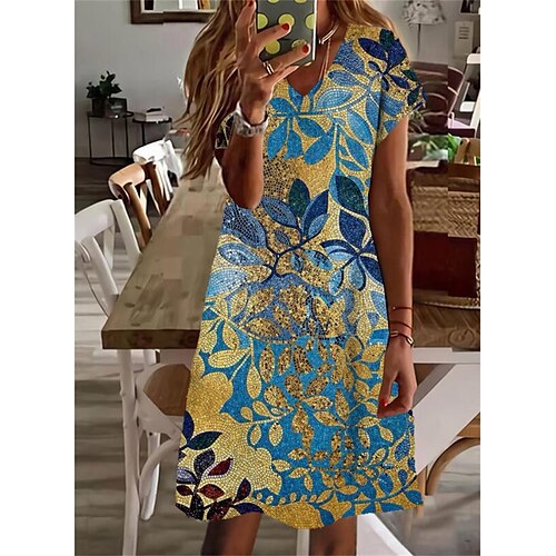 

Damen Casual kleid Etuikleid Blau Kurzarm Blumen Bedruckt Frühling Sommer V Ausschnitt Lockere Passform 2022 S M L XL XXL 3XL