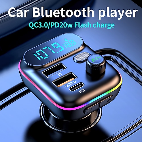 

T70 Mini Car FM Transmitter Atmosphere Light Bluetooth QC3.0 Phone Fast Charger Type C PD TF Card U Disk MP3 Auto Handsfree