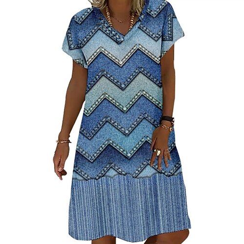 

Women's Shift Dress Short Mini Dress Blue Short Sleeve Striped Print Spring Summer V Neck Casual 2022 XS S M L XL XXL 3XL 4XL 5XL 6XL