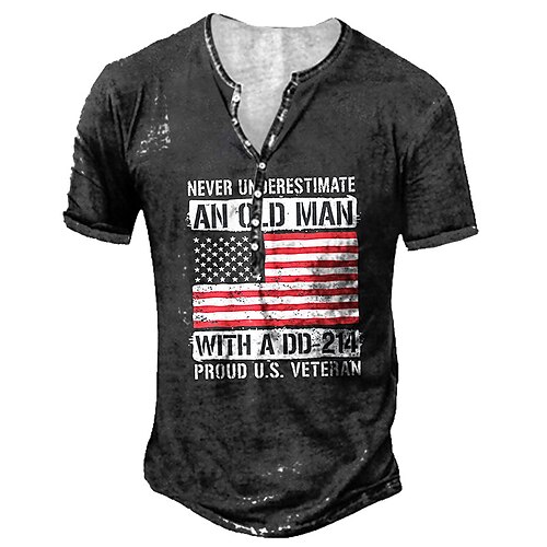 

Men's Henley Shirt Tee T shirt 3D Print Graphic National Flag Letter Plus Size Henley Daily Sports Button-Down Print Short Sleeve Tops Basic Casual Classic Designer Blue Black / Summer