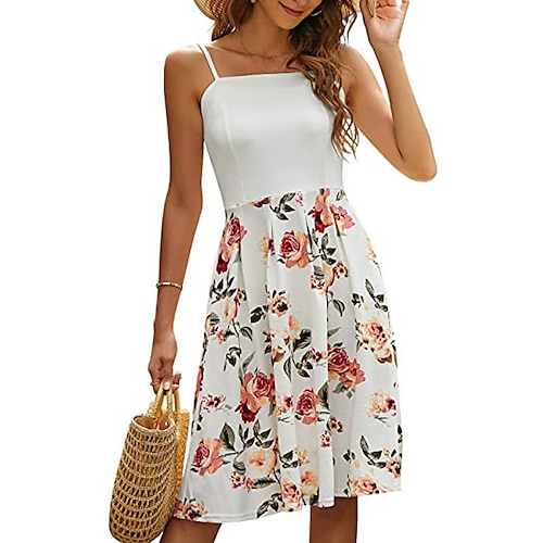 

Mulheres Vestido de decote Rosa Claro Preto Azul Sem Manga Floral Frente Única Primavera Verão Com Alças Finas Delgado 2022 S M L XL XXL 3XL