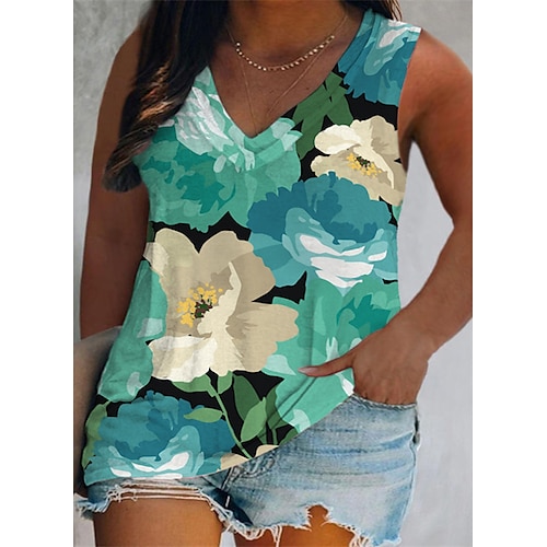 

Women's Plus Size Curve Tops T shirt Tee Floral Polka Dot Print Sleeveless V Neck Streetwear Preppy Daily Vacation Polyester Spring Summer Green Blue / Graphic Patterned