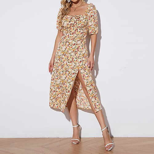 

Women's A Line Dress Midi Dress Beige Short Sleeve Floral Split Print Spring Summer Square Neck Stylish Casual Romantic 2022 S M L XL