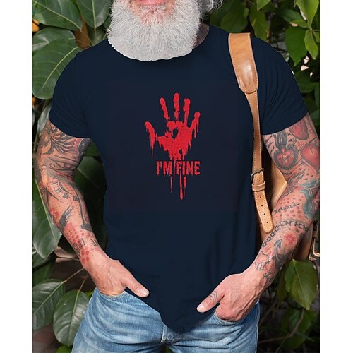 

Men's T shirt Hot Stamping Hand Round Neck Casual Daily Print Short Sleeve Tops Simple Basic Blue Black