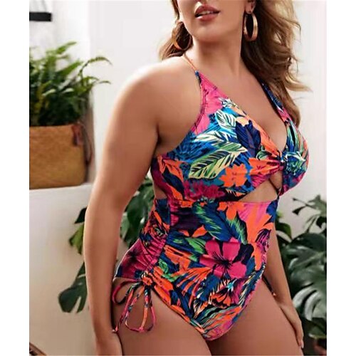 

Women's Swimwear One Piece Monokini Bathing Suits Plus Size Swimsuit Tummy Control Open Back Floral Rosy Pink Strap Bathing Suits New Vacation Fashion / Modern / Padded Bras