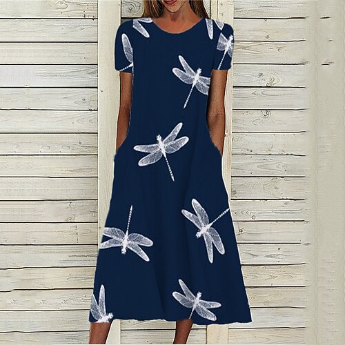 

Women's A Line Dress Midi Dress Navy Blue Short Sleeve Animal Pocket Print Spring Summer Round Neck Stylish Casual Modern 2022 S M L XL XXL 3XL