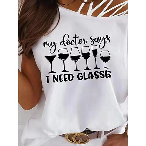 

Women's T shirt Letter Cold Shoulder Print Diagonal Neck Chinoiserie Tops White