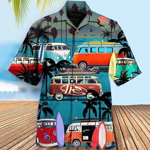 

Men's Shirt 3D Print Car Turndown Street Casual Button-Down Short Sleeve Tops Casual Fashion Breathable Comfortable Blue-Green