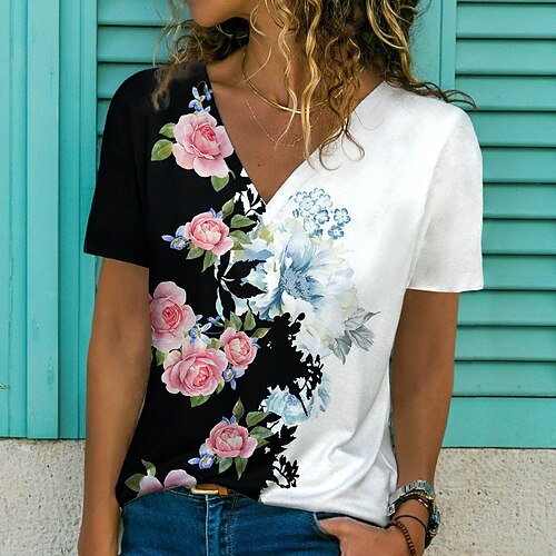 

Women's Floral Theme Painting T shirt Floral Color Block Print V Neck Basic Tops Black / 3D Print