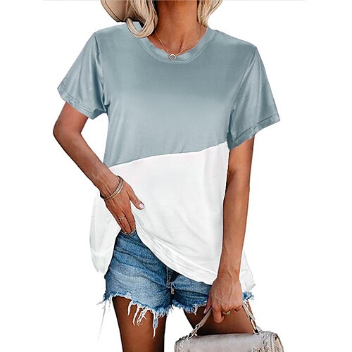 

Women's T shirt Plain Patchwork Round Neck Basic Tops Blue Black Gray